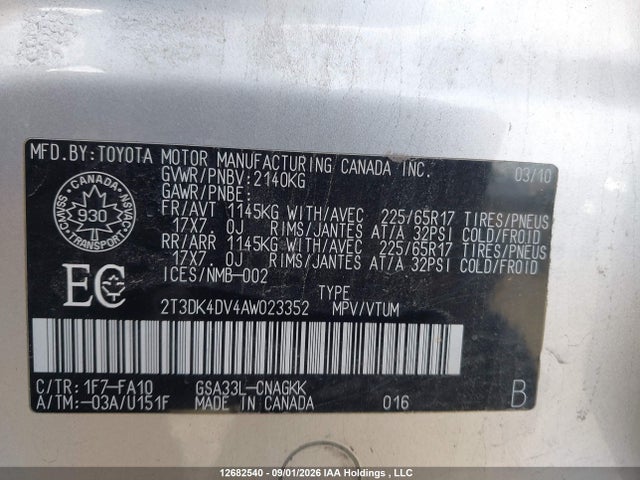 12682540 :رقم المزاد ، 2T3DK4DV4AW023352 vin ، 2010 Toyota Rav4 Limited V6 مزاد بيع