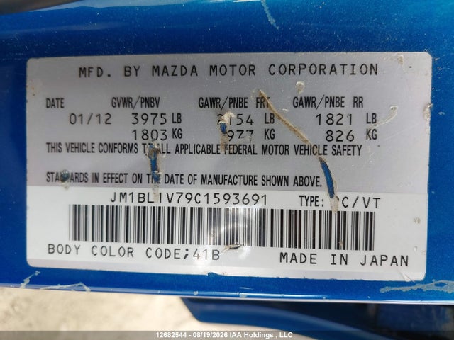 12682544 :رقم المزاد ، JM1BL1V79C1593691 vin ، 2012 Mazda 3 I مزاد بيع