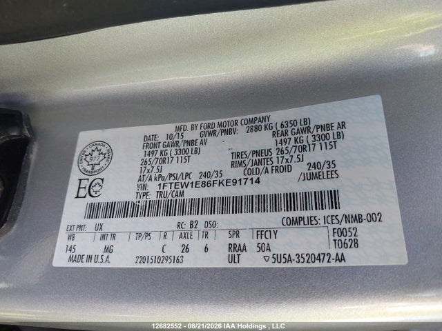 Продаж на аукціоні авто 2015 Ford F150 Supercrew, vin: 1FTEW1E86FKE91714, номер лоту: 12682552