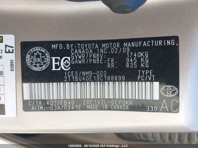 Продаж на аукціоні авто 2009 Toyota Corolla S/le/xle, vin: 2T1BU40E19C188899, номер лоту: 12682555