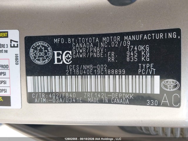 Продаж на аукціоні авто 2009 Toyota Corolla S/le/xle, vin: 2T1BU40E19C188899, номер лоту: 12682555