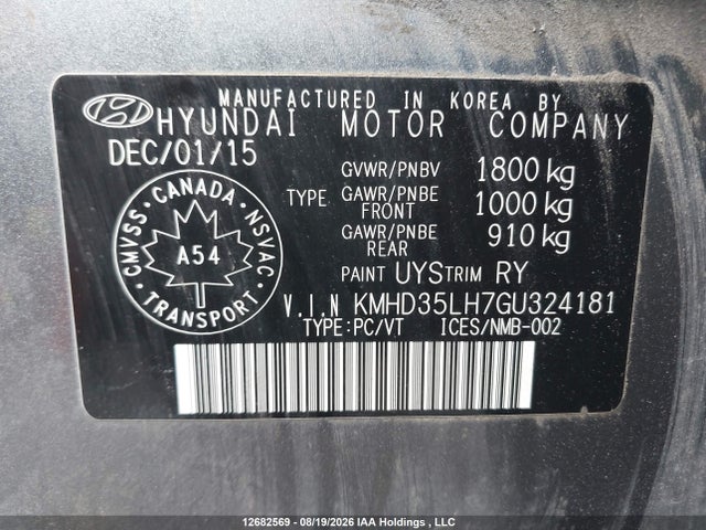 Продажа на аукционе авто 2016 Hyundai Elantra Gt, vin: KMHD35LH7GU324181, номер лота: 12682569
