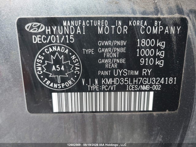 Продажа на аукционе авто 2016 Hyundai Elantra Gt, vin: KMHD35LH7GU324181, номер лота: 12682569