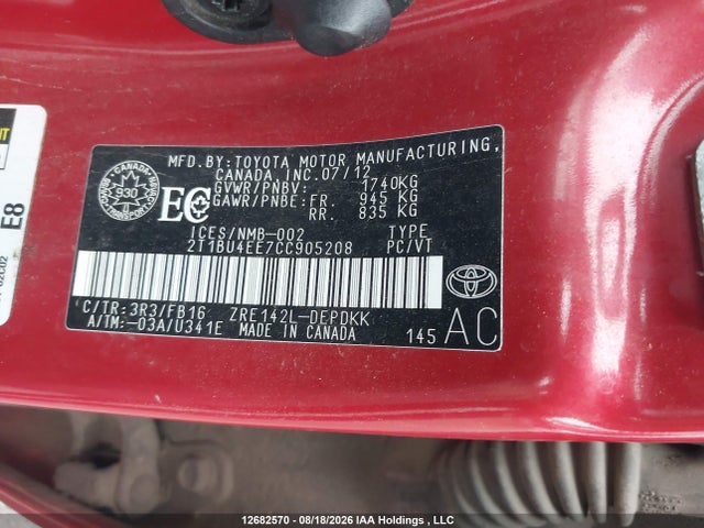 Продажа на аукционе авто 2012 Toyota Corolla S/le, vin: 2T1BU4EE7CC905208, номер лота: 12682570