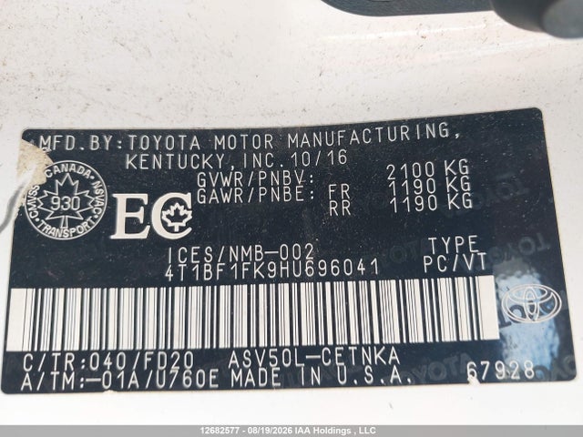 Продаж на аукціоні авто 2017 Toyota Camry Le/xle/se/xse, vin: 4T1BF1FK9HU696041, номер лоту: 12682577