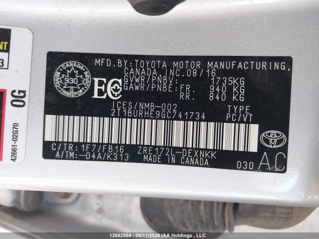 2T1BURHE9GC741734 Toyota Corolla L/le/le Pls/prm/s/s Pls