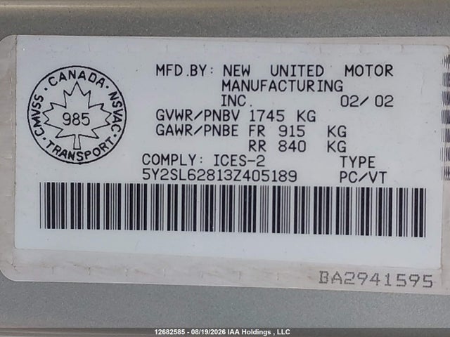 Продаж на аукціоні авто 2003 Pontiac Vibe, vin: 5Y2SL62813Z405189, номер лоту: 12682585