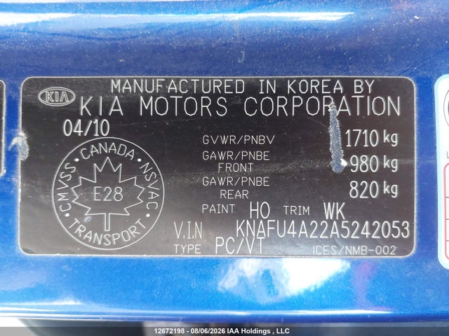 2010 Kia Forte 2.0l Ex მანქანა იყიდება აუქციონზე, vin: KNAFU4A22A5242053, აუქციონის ნომერი: 12672198