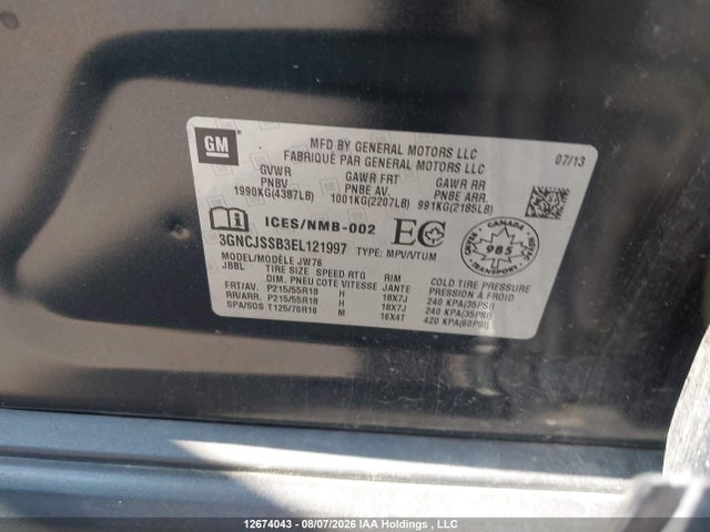 2014 Chevrolet Trax Ltz მანქანა იყიდება აუქციონზე, vin: 3GNCJSSB3EL121997, აუქციონის ნომერი: 12674043