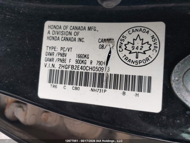 12677851 :رقم المزاد ، 2HGFB2E40CH050913 vin ، 2012 Honda Civic Lx مزاد بيع