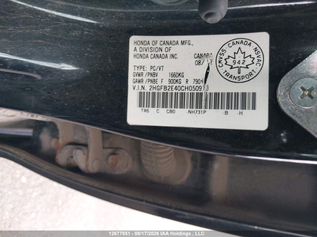 12677851 :رقم المزاد ، 2HGFB2E40CH050913 vin ، 2012 Honda Civic Lx مزاد بيع
