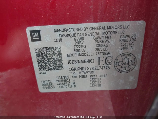 GMC ACADIA SLE 2019 1GKKNRLS7KZ174775 Image 9