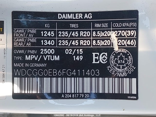 WDCGG0EB6FG411403 Mercedes-Benz Glk 250 Bluetec