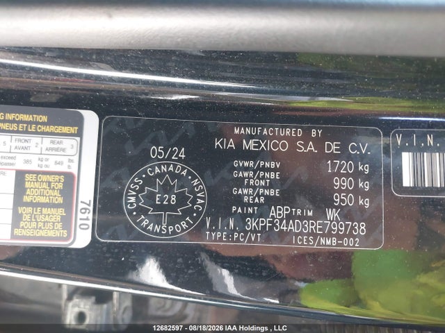 12682597 :رقم المزاد ، 3KPF34AD3RE799738 vin ، 2024 Kia Forte Ex/ex+/ex Premium مزاد بيع