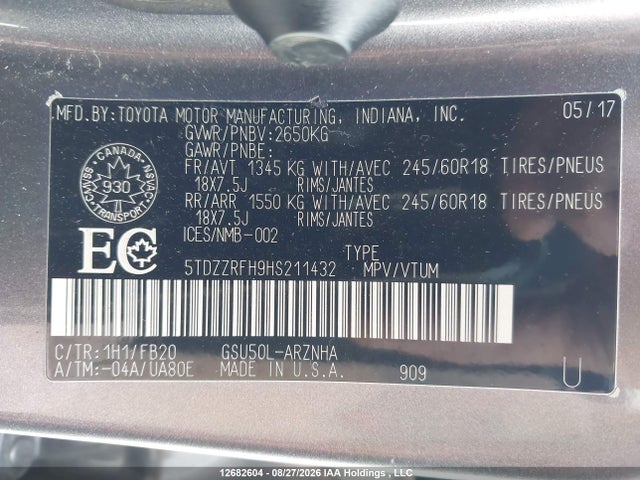 Продаж на аукціоні авто 2017 Toyota Highlander Le/le Plus, vin: 5TDZZRFH9HS211432, номер лоту: 12682604