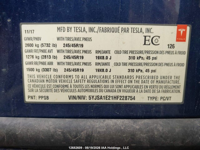 12682609 :رقم المزاد ، 5YJSA1E21HF228754 vin ، 2017 Tesla Model S 100d/60d/75d/90d/p100d مزاد بيع