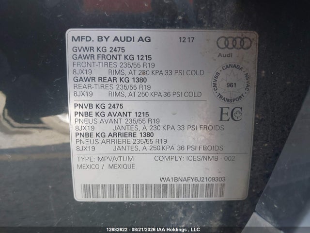 12682622 :رقم المزاد ، WA1BNAFY6J2109303 vin ، 2018 Audi Q5 2.0t Progressiv مزاد بيع