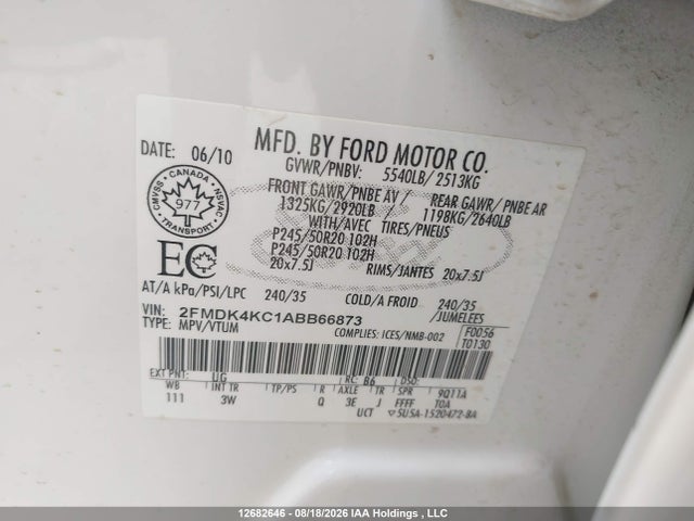 2010 Ford Edge Limited მანქანა იყიდება აუქციონზე, vin: 2FMDK4KC1ABB66873, აუქციონის ნომერი: 12682646