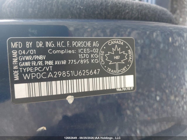Aukcja sprzedaży 2001 Porsche Boxster, vin: WP0CA29851U625647, numer aukcji: 12682649