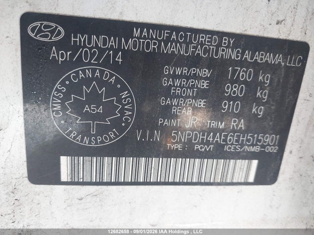 2014 Hyundai Elantra Se/sport/limited მანქანა იყიდება აუქციონზე, vin: 5NPDH4AE6EH515901, აუქციონის ნომერი: 12682658