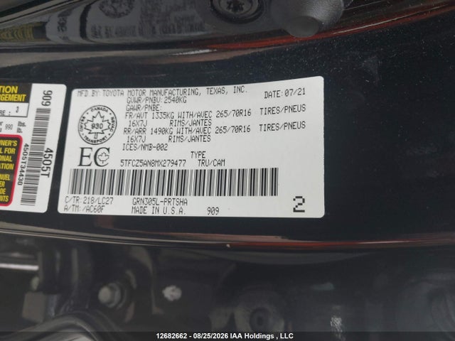 12682662 :رقم المزاد ، 5TFCZ5AN8MX279477 vin ، 2021 Toyota Tacoma Nightshade مزاد بيع