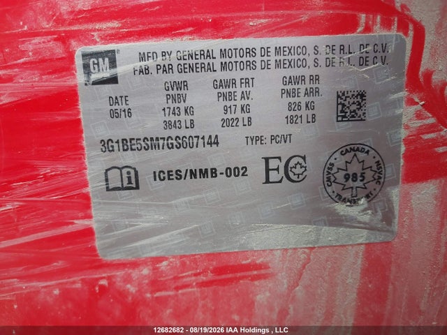 3G1BE5SM7GS607144 Chevrolet CRUZE LT