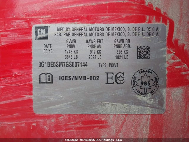 3G1BE5SM7GS607144 Chevrolet CRUZE LT