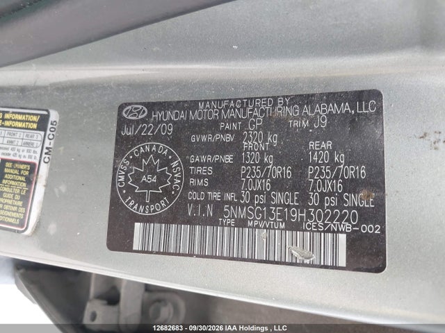 12682683 :رقم المزاد ، 5NMSG13E19H302220 vin ، 2009 Hyundai Santa Fe Gl مزاد بيع