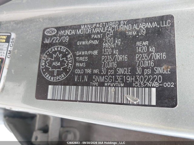 12682683 :رقم المزاد ، 5NMSG13E19H302220 vin ، 2009 Hyundai Santa Fe Gl مزاد بيع