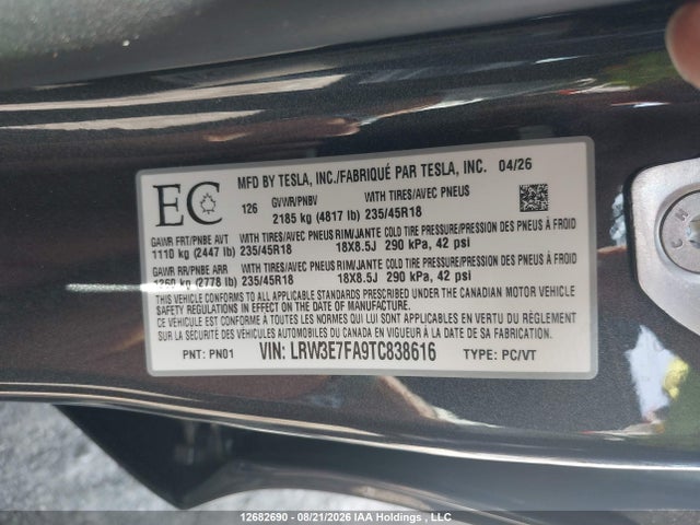 12682690 :رقم المزاد ، LRW3E7FA9TC838616 vin ، 2026 Tesla Model 3 Premium All-wheel Drive مزاد بيع