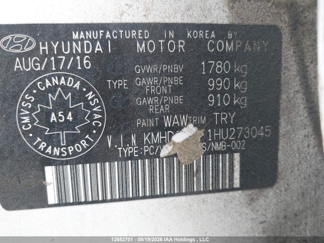 Aukcja sprzedaży 2017 Hyundai Elantra Se/value/limited, vin: KMHD84LF1HU273045, numer aukcji: 12682701