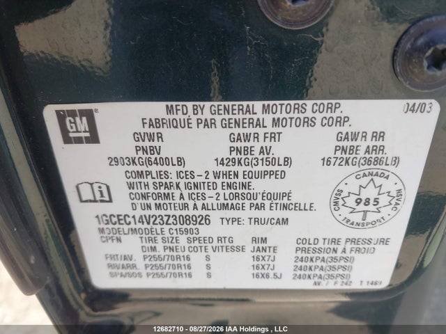 2003 Chevrolet Silverado C1500 მანქანა იყიდება აუქციონზე, vin: 1GCEC14V23Z308926, აუქციონის ნომერი: 12682710