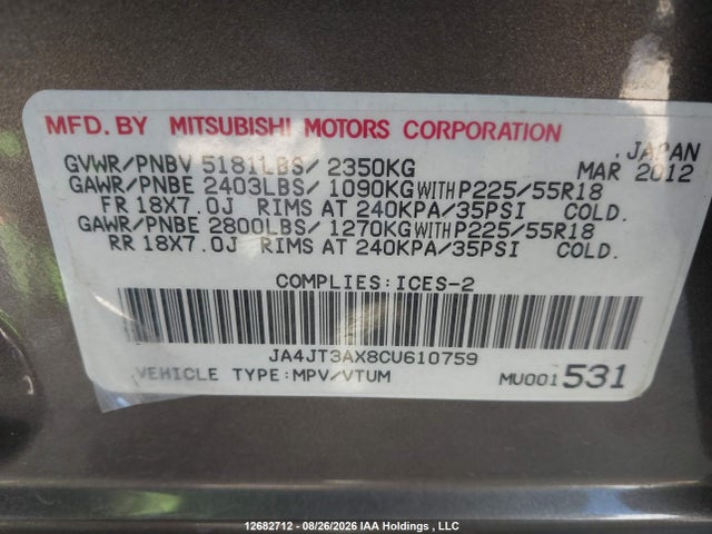 12682712 :رقم المزاد ، JA4JT3AX8CU610759 vin ، 2012 Mitsubishi Outlander Ls مزاد بيع
