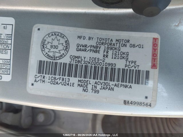Aukcja sprzedaży 2002 Toyota Camry Le/xle, vin: JTDBE32K020010993, numer aukcji: 12682716
