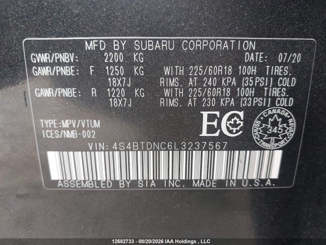 Aukcja sprzedaży 2020 Subaru Outback, vin: 4S4BTDNC6L3237567, numer aukcji: 12682733