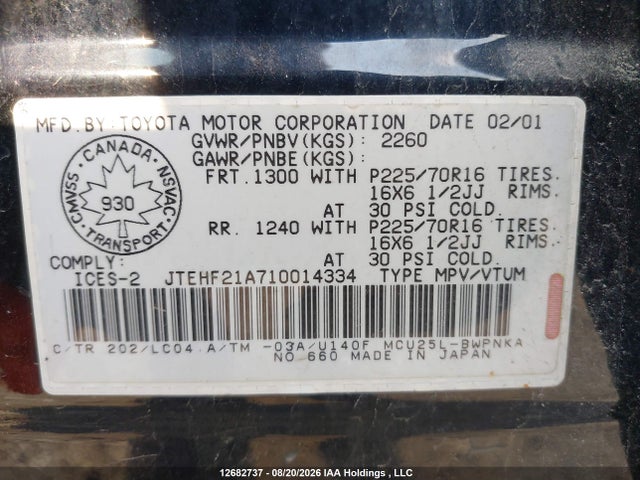 12682737 :رقم المزاد ، JTEHF21A710014334 vin ، 2001 Toyota Highlander مزاد بيع