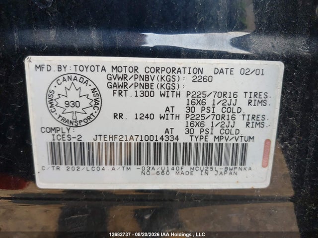 12682737 :رقم المزاد ، JTEHF21A710014334 vin ، 2001 Toyota Highlander مزاد بيع