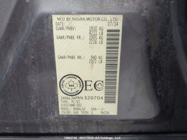 1N4AL3AP9FN320704 Nissan Altima 2.5/2.5 S/2.5 Sl/2.5 Sv