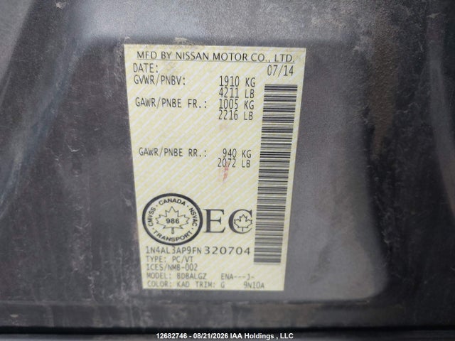 1N4AL3AP9FN320704 Nissan Altima 2.5/2.5 S/2.5 Sl/2.5 Sv