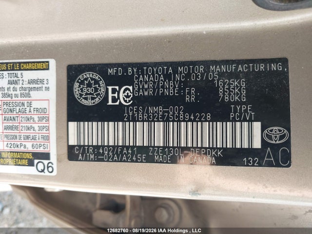 12682760 :رقم المزاد ، 2T1BR32E75C894228 vin ، 2005 Toyota Corolla Ce/le/sport مزاد بيع