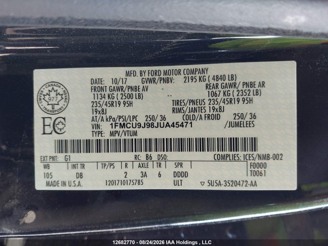 12682770 :رقم المزاد ، 1FMCU9J98JUA45471 vin ، 2018 Ford Escape Titanium مزاد بيع