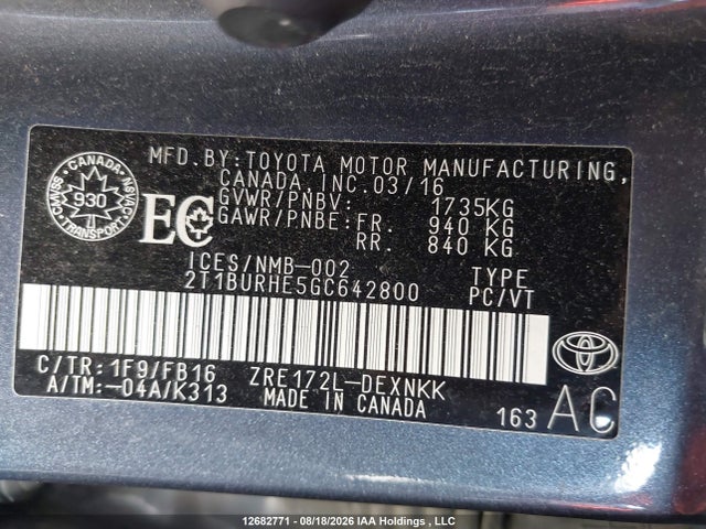 2T1BURHE5GC642800 Toyota COROLLA LE