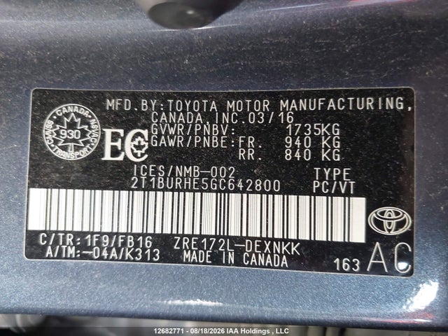 2T1BURHE5GC642800 Toyota COROLLA LE