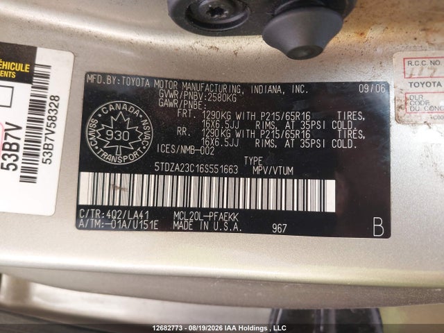 2006 Toyota Sienna Ce 7 Passenger/ce 8 Passenger/le 7 Passenger/le 8 Passenger მანქანა იყიდება აუქციონზე, vin: 5TDZA23C16S551663, აუქციონის ნომერი: 12682773