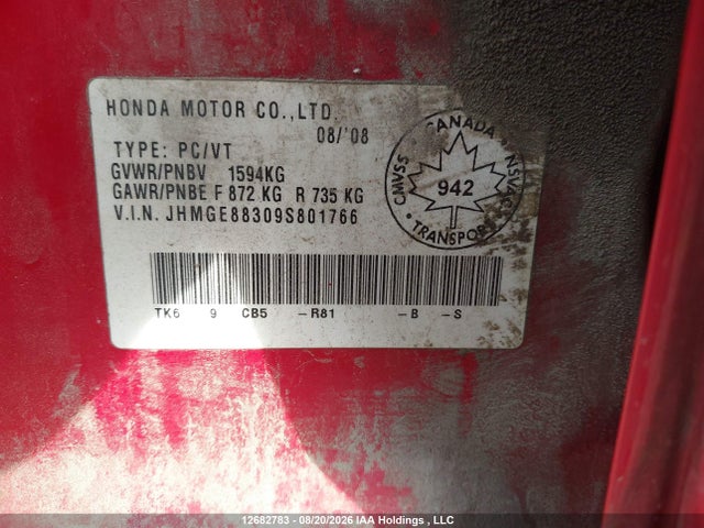 2009 Honda Fit Dx-a მანქანა იყიდება აუქციონზე, vin: JHMGE88309S801766, აუქციონის ნომერი: 12682783