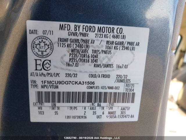 2012 Ford Escape Xlt მანქანა იყიდება აუქციონზე, vin: 1FMCU9DG7CKA31506, აუქციონის ნომერი: 12682790