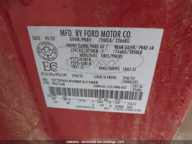 Aukcja sprzedaży 2008 Ford F150 Supercrew, vin: 1FTPW14V98FA11855, numer aukcji: 12682832