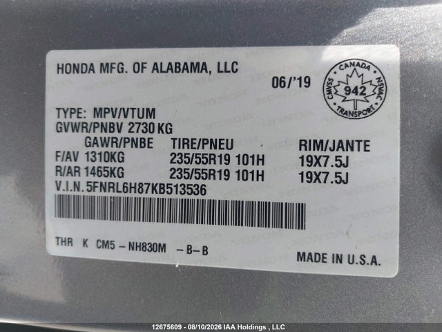 5FNRL6H87KB513536 Honda Odyssey Touring