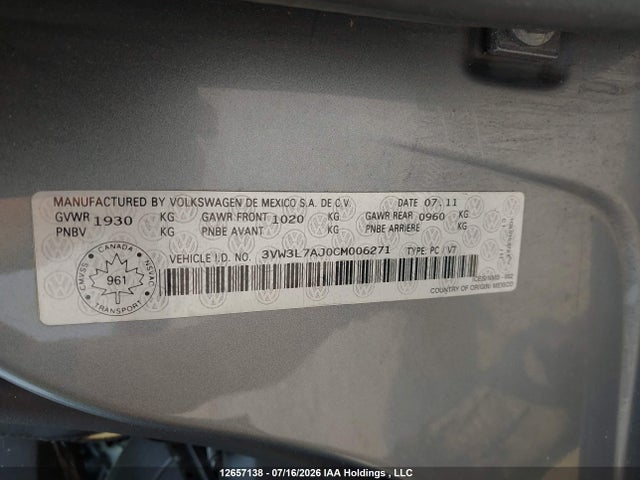Продажа на аукционе авто 2012 Volkswagen Jetta 2.0 Tdi Highline, vin: 3VW3L7AJ0CM006271, номер лота: 12657138