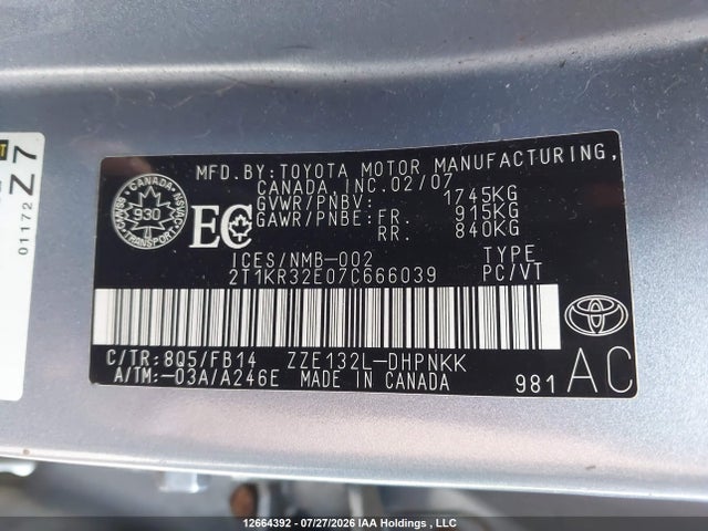 2007 Toyota Matrix Xr მანქანა იყიდება აუქციონზე, vin: 2T1KR32E07C666039, აუქციონის ნომერი: 12664392